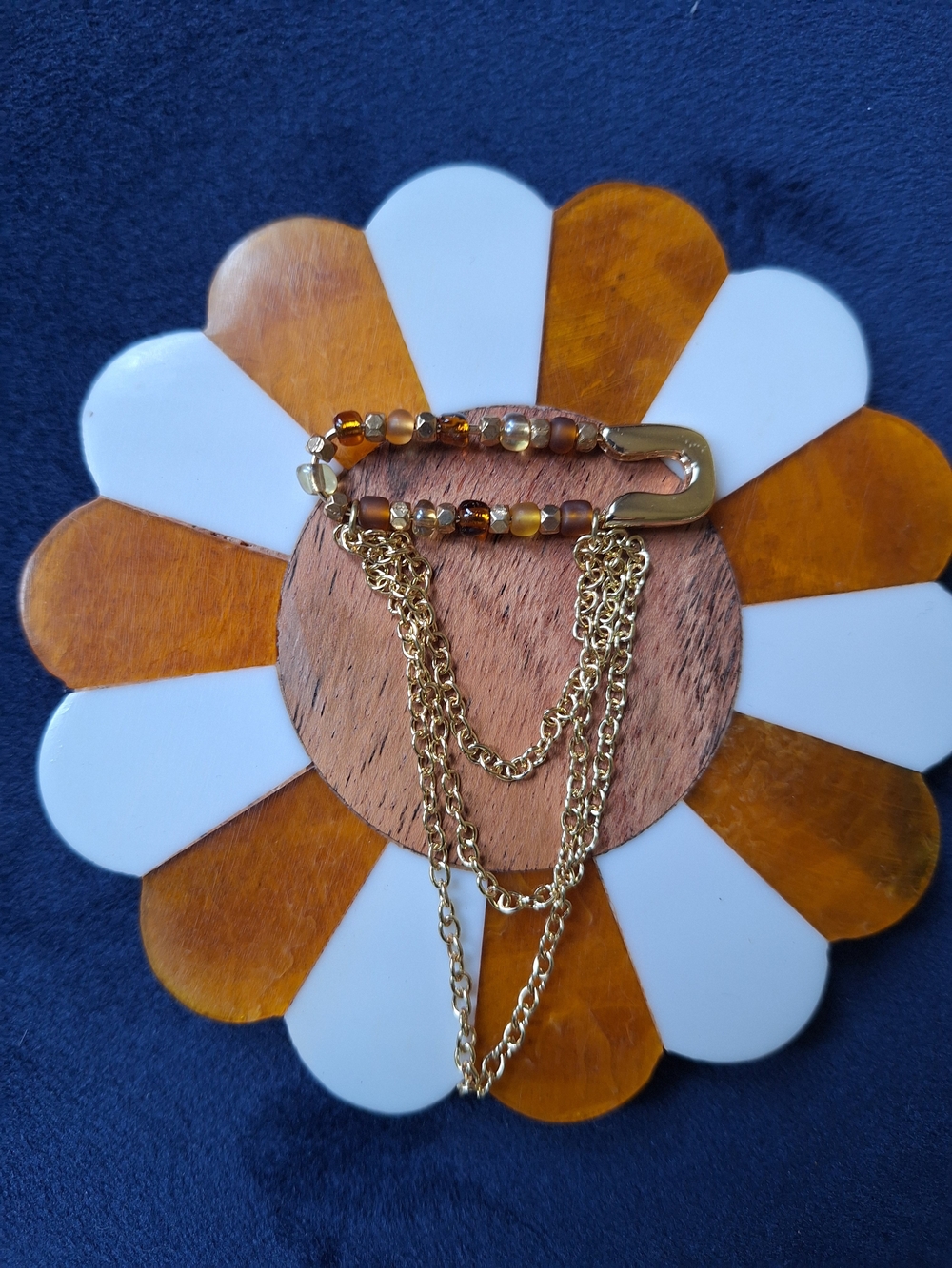 Gold Tone Multi-Chain Safety Pin Brooch with Amber Beads